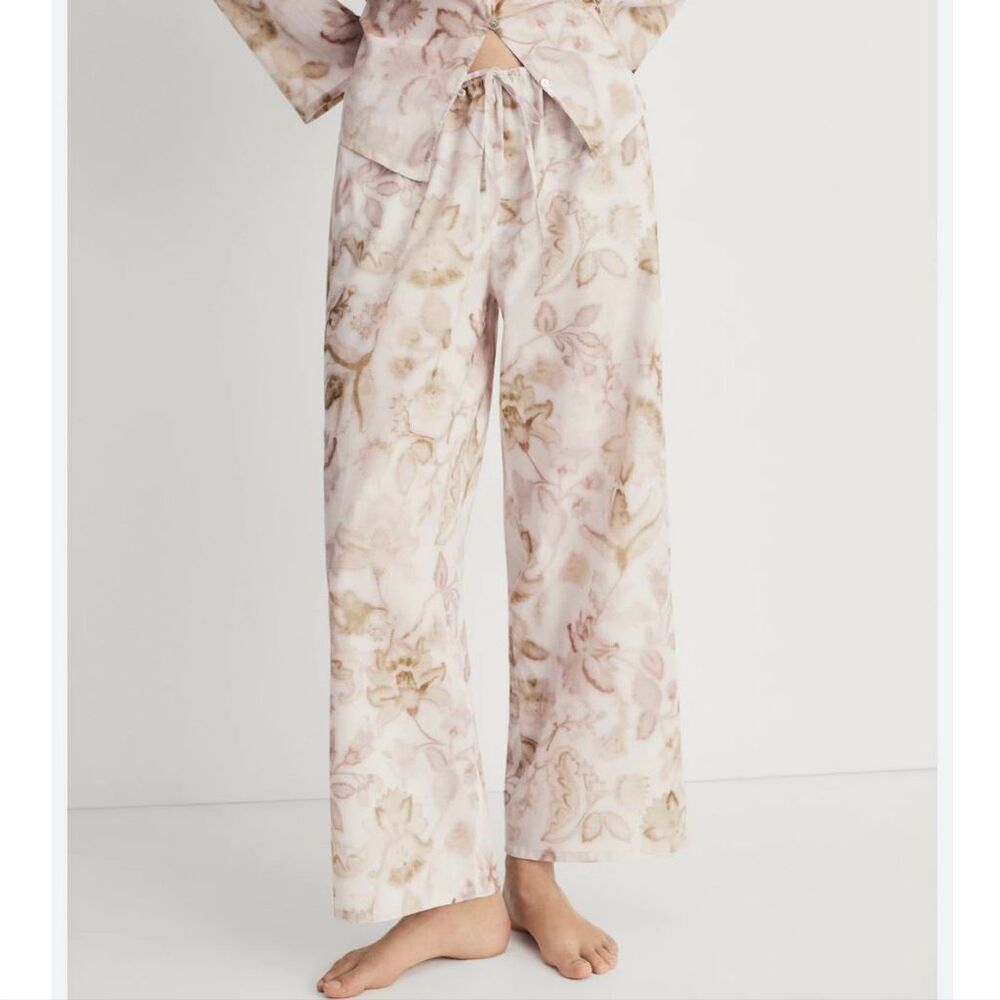 Mango Pajama Lounge Pants Cream Floral Cotton Wide Leg MNG Drawstring Medium M